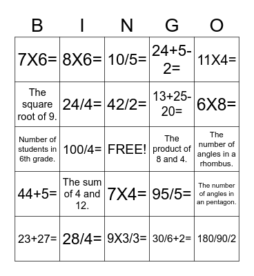 G5 and 6 Math Bingo Card