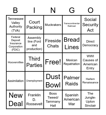Great Depression Bingo Card