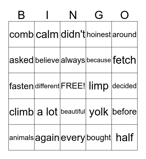 Spelling  Bingo Card