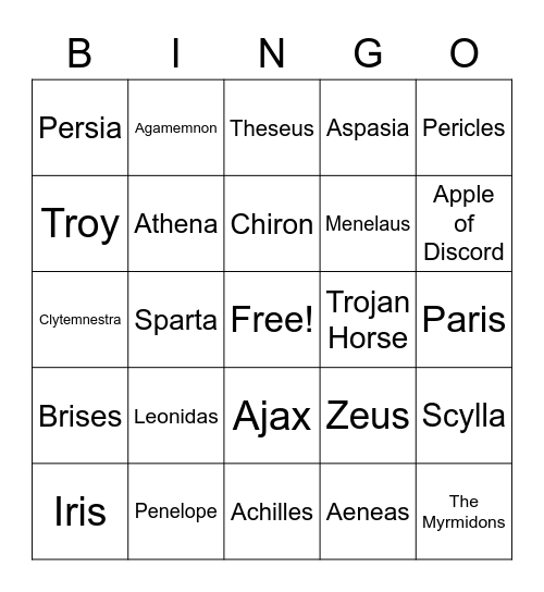 The Illiad Bingo Card