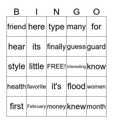 Spelling  Bingo Card