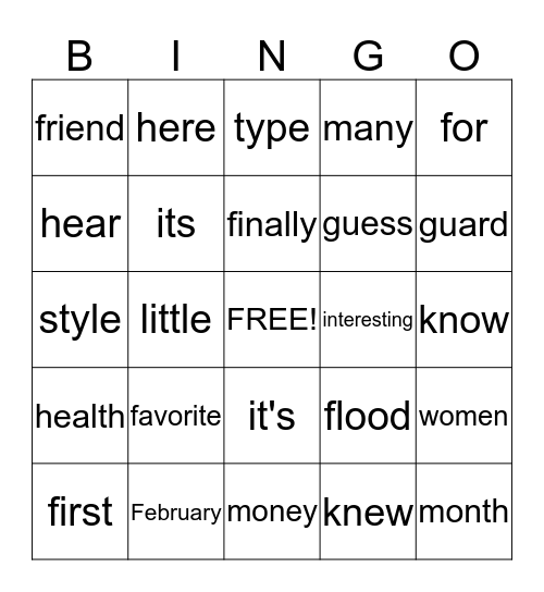 Spelling  Bingo Card