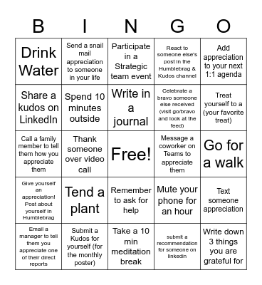 December Appreciation Week Bingo Card