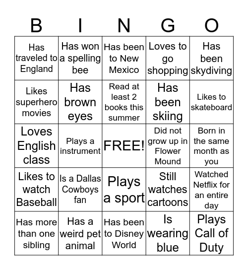 FIND SOMEONE IN OUR CLASS WHO........ Bingo Card