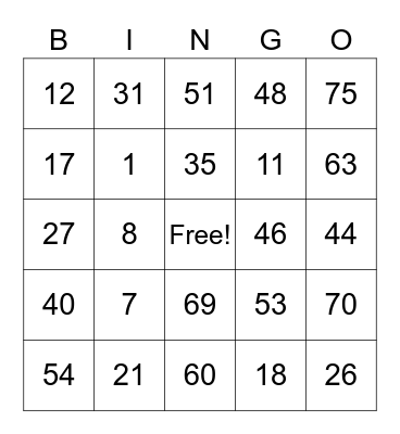 Number Bingo 1-75 Bingo Card