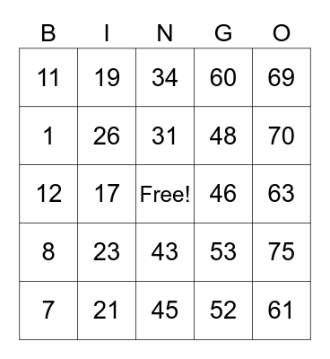 Number Bingo 1-75 Bingo Card