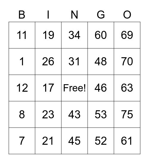 Number Bingo 1-75 Bingo Card