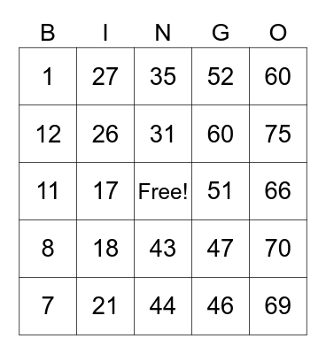 Number Bingo 1-75 Bingo Card