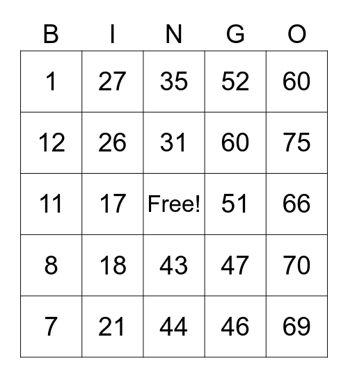 Number Bingo 1-75 Bingo Card