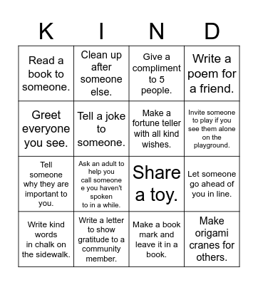 Random Acts of Kindness Bingo Card