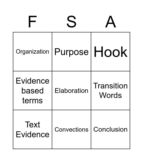 FSA Writing Bingo Card