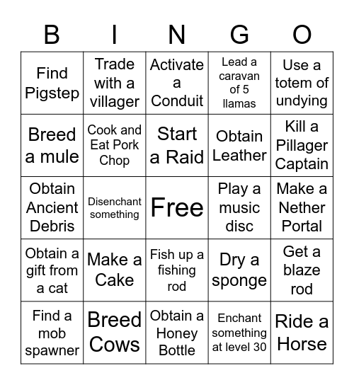 Minecraft Bingo Card