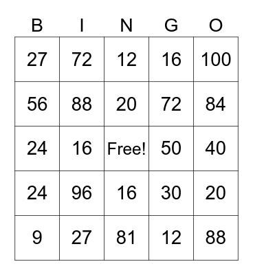 Multiplication Bingo Card