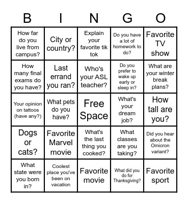 ASL Conversation BINGO!!! Bingo Card