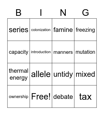 Vocabulary Bingo Card