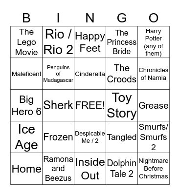 Shannon's Bday Party Movie BINGO Card