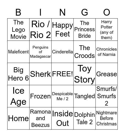 Shannon's Bday Party Movie BINGO Card