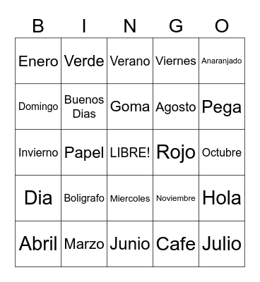 Spanish Vocab Bingo Card