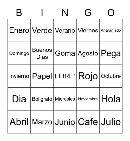 Spanish Vocab Bingo Card