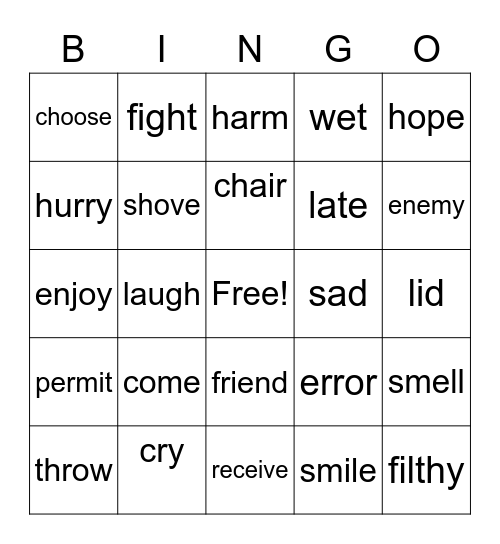 Synonym Bingo Card