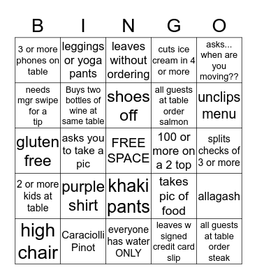 Server Freakin Bingo!!!!!!! Bingo Card