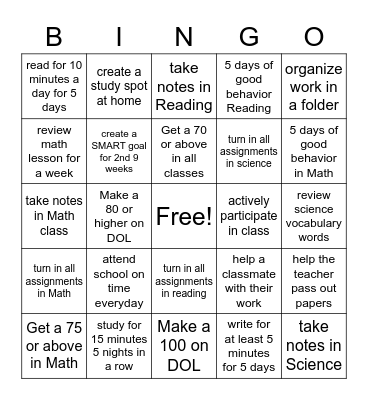 GOAL Getters BINGO Card