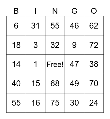 PC BINGO 360836 Bingo Card