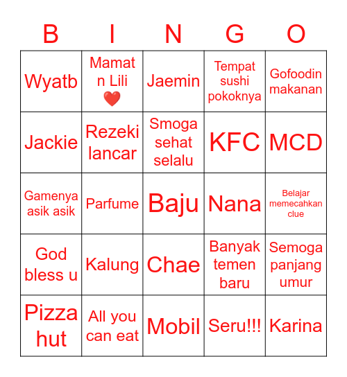 Eric Bingo Card