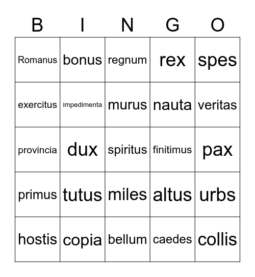 Latin Bingo Card