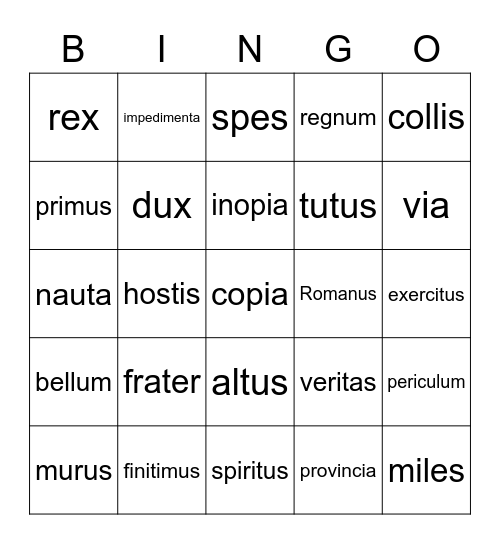 Latin Bingo Card