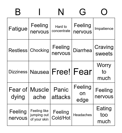 Anxiety Symptoms Bingo Card