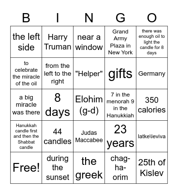 Hanukkah Bingo Card