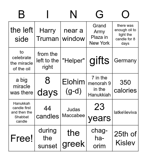 Hanukkah Bingo Card