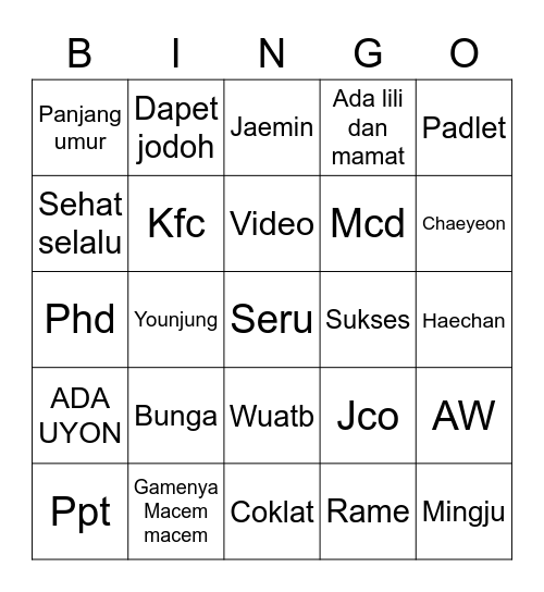 Uyon Bingo Card