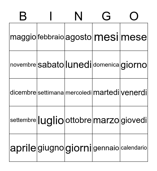 Giorni e mesi Bingo Card