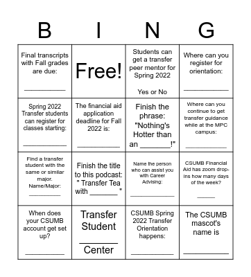 CSUMB Confirmation Day "From a Pack to a Raft" Bingo Card
