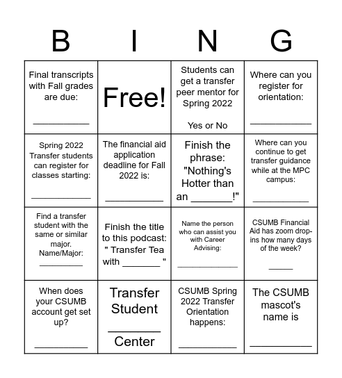 CSUMB Confirmation Day "From a Pack to a Raft" Bingo Card