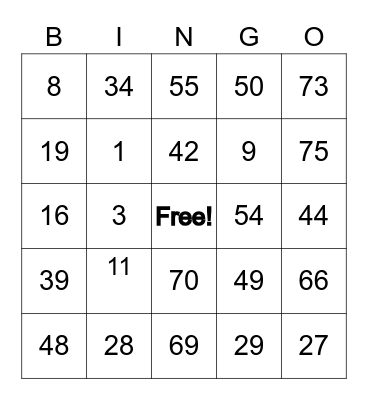 Number Bingo 1-75 Bingo Card