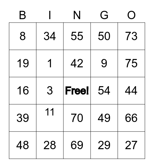 Number Bingo 1-75 Bingo Card