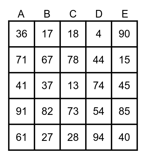 Number Bingo Card