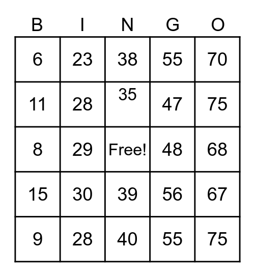 Number Bingo 1-75 Bingo Card