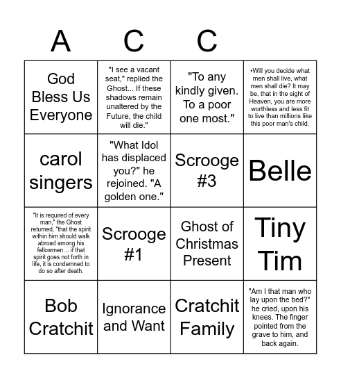A Christmas Carol Revision Bingo Card