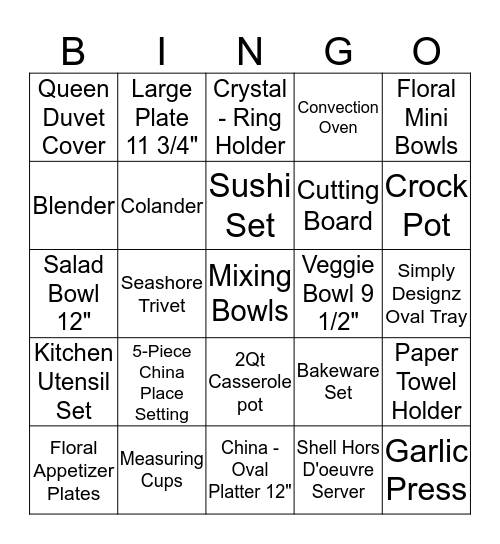 Julie's Bridal Shower Bingo Card