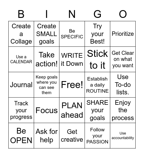 Tips for Reaching your Goals- BINGO! Bingo Card