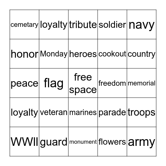 Memorial Day Bingo Card