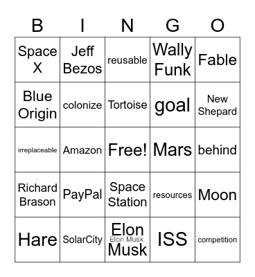 Space Race SpaceX vs. Blue Origin Bingo Card