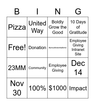 Employee Giving 2021 Bingo Card
