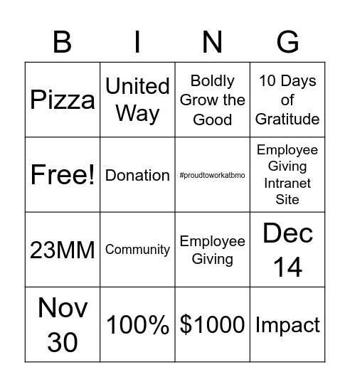 Employee Giving 2021 Bingo Card