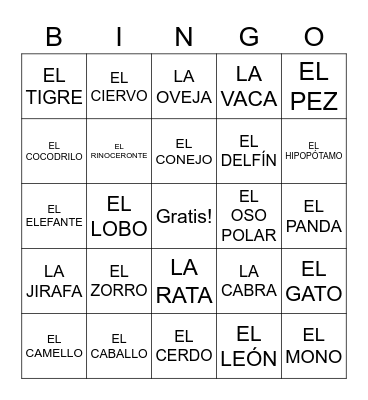Spanish animals Bingo Card