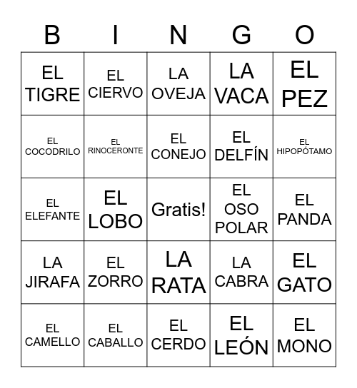 Spanish animals Bingo Card